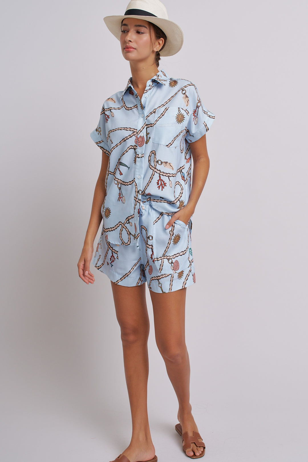 Seaside Charm Short Sleeve Button-Down Shirt in Blue - Women's Wholesale Tops | Trend Notes