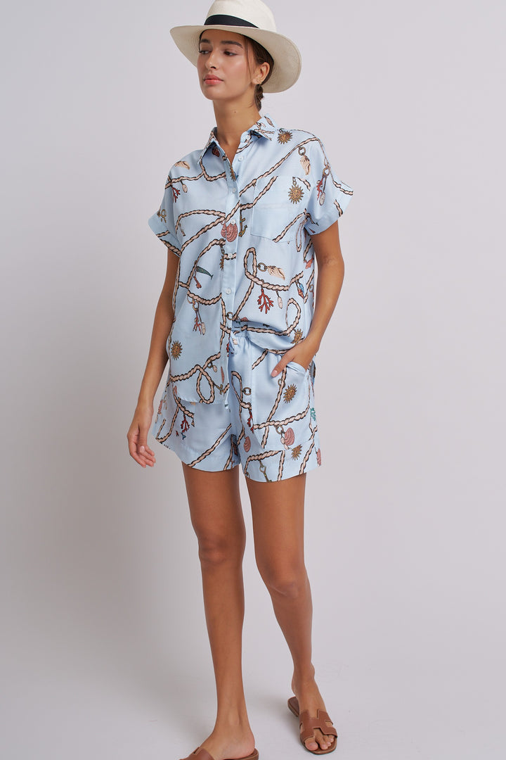 Seaside Charm Short Sleeve Button-Down Shirt in Blue - Women's Wholesale Tops | Trend Notes