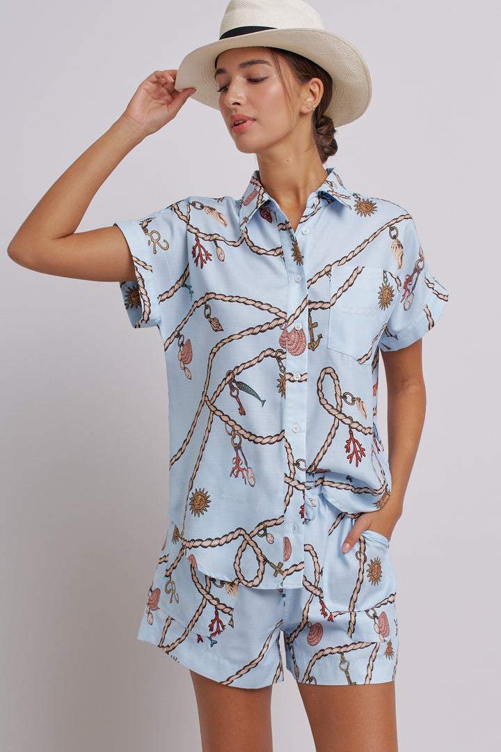 Seaside Charm Short Sleeve Button-Down Shirt in Blue - Women's Wholesale Tops | Trend Notes
