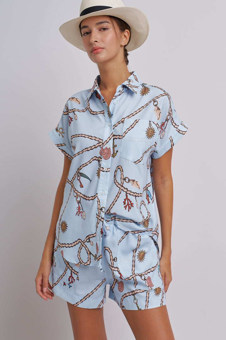 Seaside Charm Short Sleeve Button-Down Shirt in Blue - Women's Wholesale Tops | Trend Notes