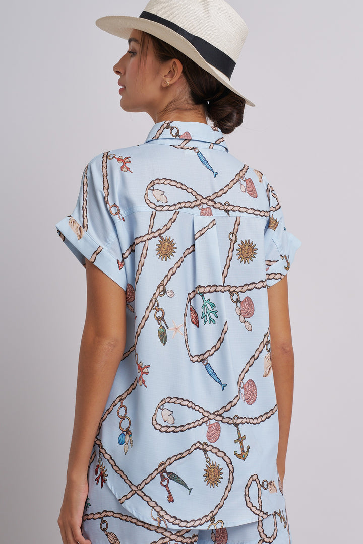 Seaside Charm Short Sleeve Button-Down Shirt in Blue - Women's Wholesale Tops | Trend Notes