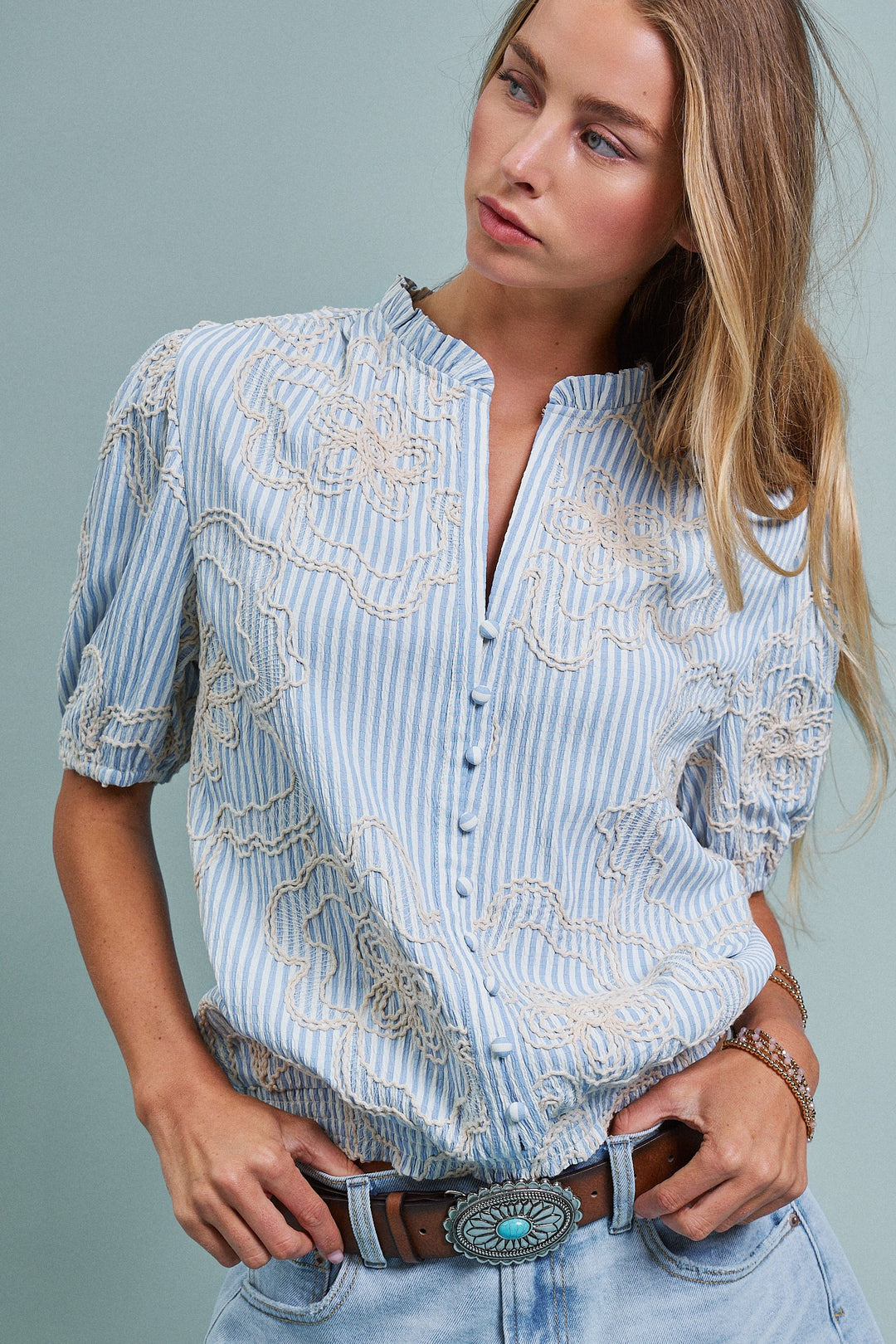 Vintage Grace Corded lace embroidery Blouse in Blue - Women's Wholesale Tops | Trend Notes