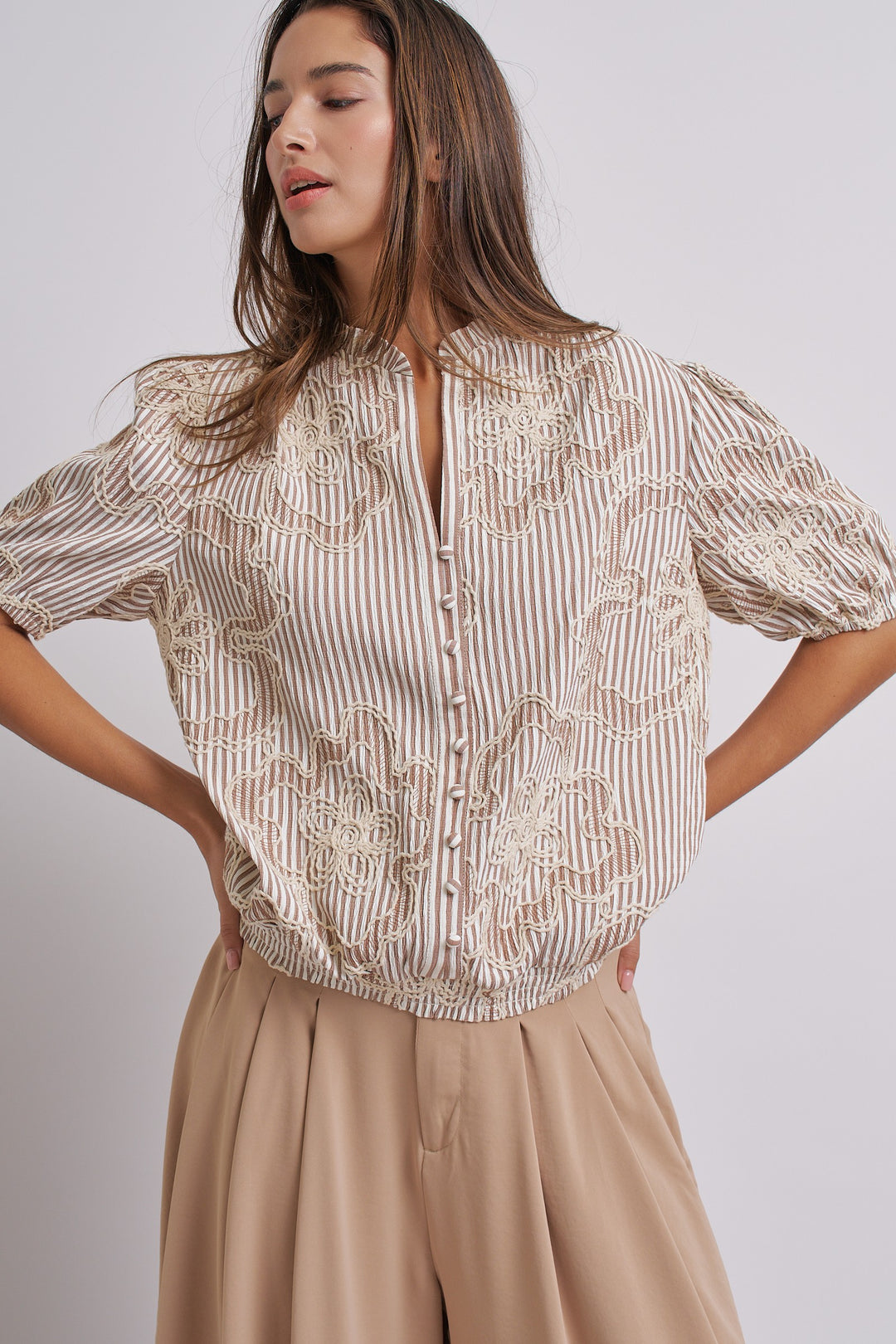 Vintage Grace Corded lace embroidery Blouse in Taupe - Women's Wholesale Tops | Trend Notes