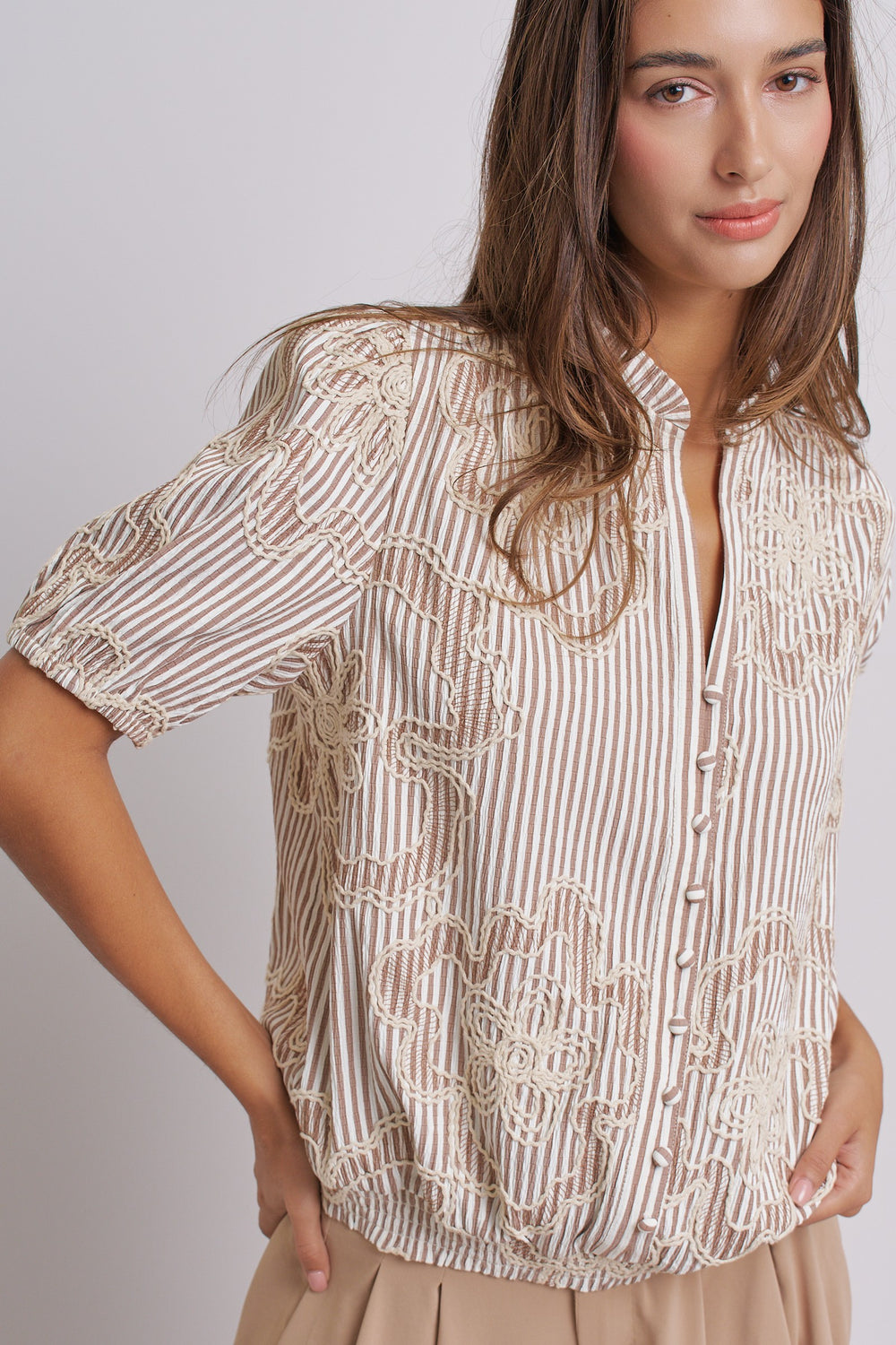 Vintage Grace Corded lace embroidery Blouse in Taupe - Women's Wholesale Tops | Trend Notes