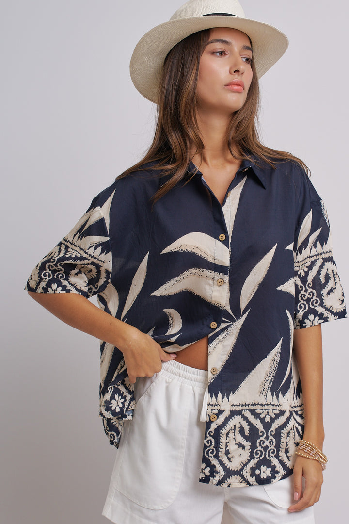 Aloha Island Breeze Button-Down Shirt in Navy - Women's Wholesale Tops | Trend Notes