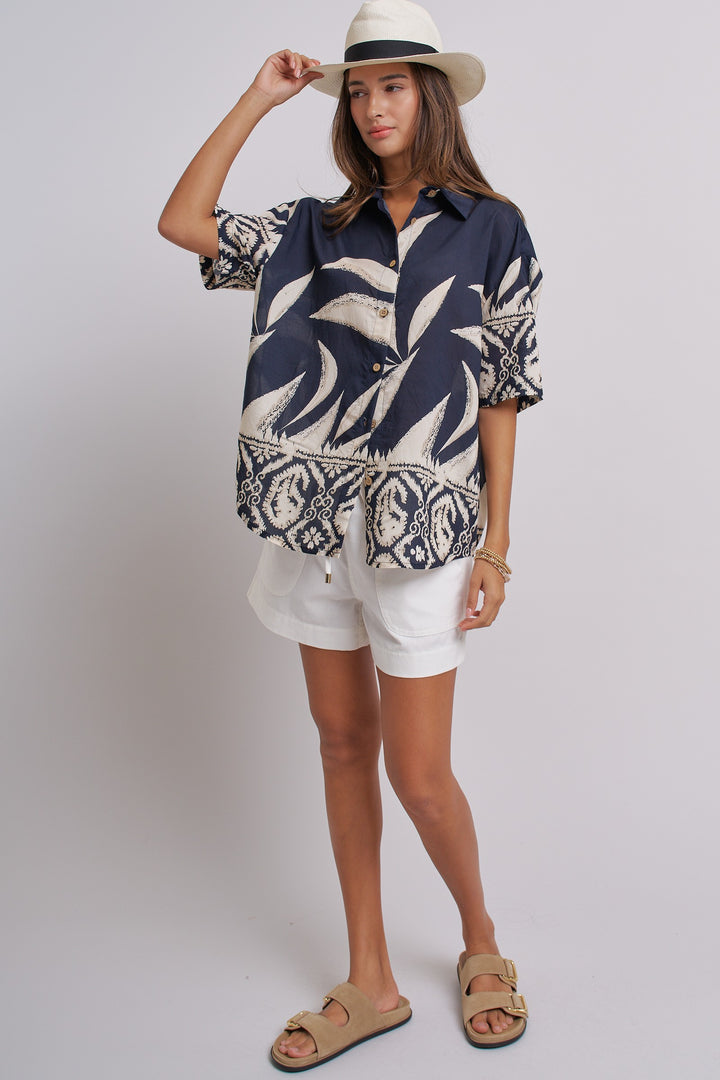Aloha Island Breeze Button-Down Shirt in Navy - Women's Wholesale Tops | Trend Notes
