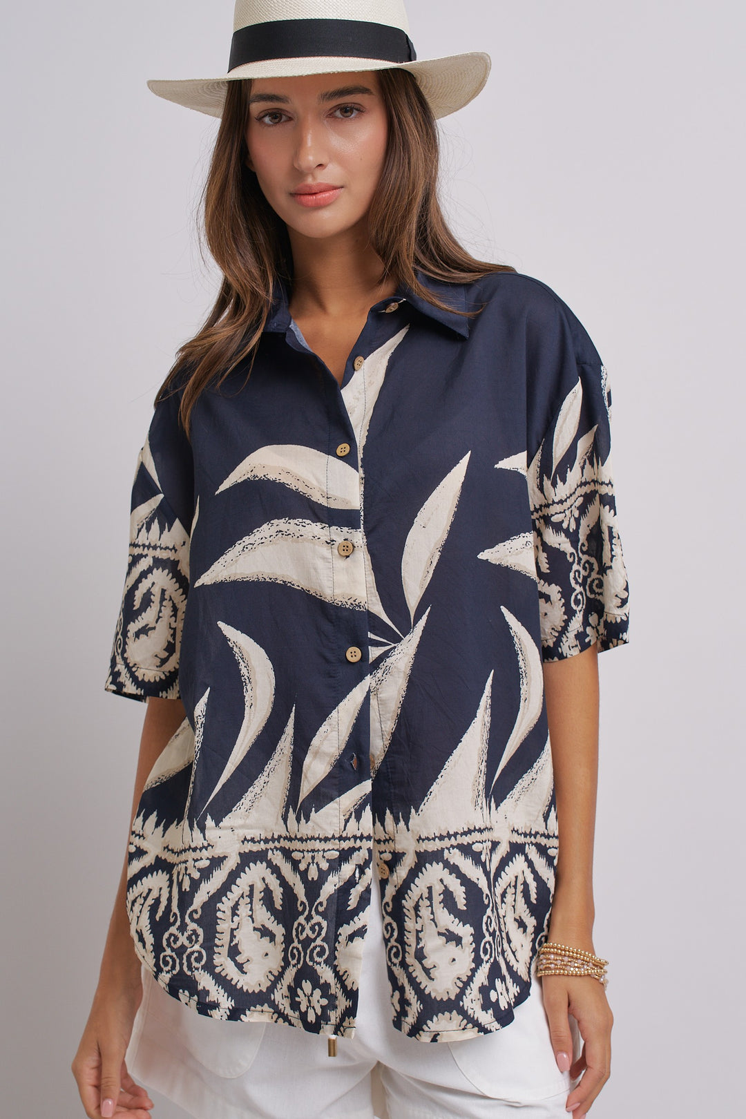 Aloha Island Breeze Button-Down Shirt in Navy - Women's Wholesale Tops | Trend Notes
