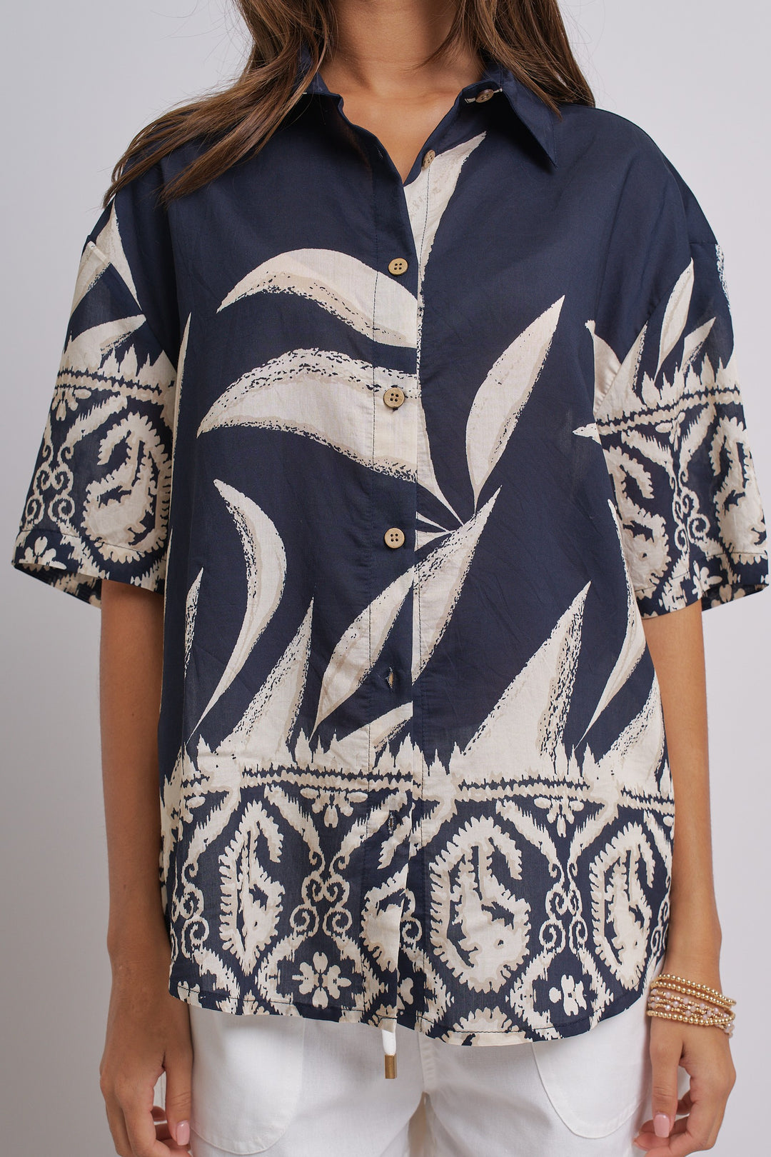 Aloha Island Breeze Button-Down Shirt in Navy - Women's Wholesale Tops | Trend Notes
