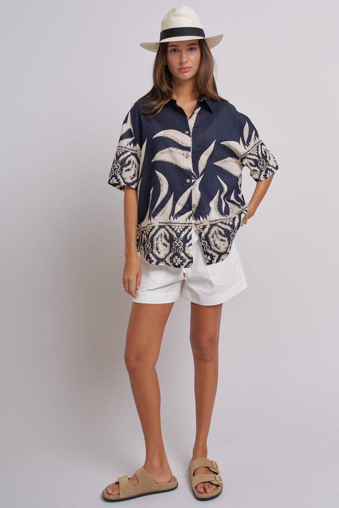 Aloha Island Breeze Button-Down Shirt in Navy - Women's Wholesale Tops | Trend Notes