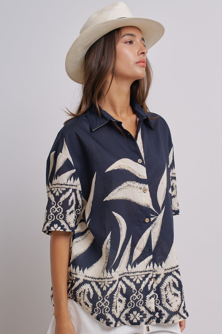 Aloha Island Breeze Button-Down Shirt in Navy - Women's Wholesale Tops | Trend Notes