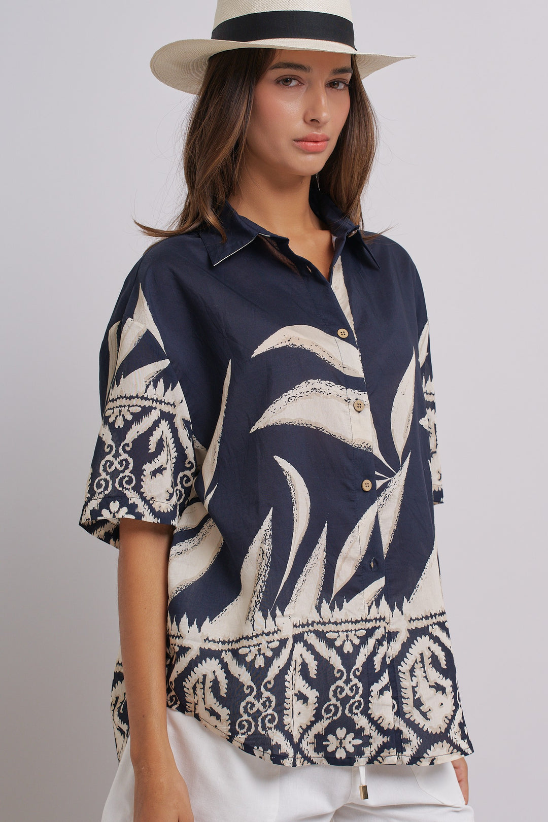 Aloha Island Breeze Button-Down Shirt in Navy - Women's Wholesale Tops | Trend Notes