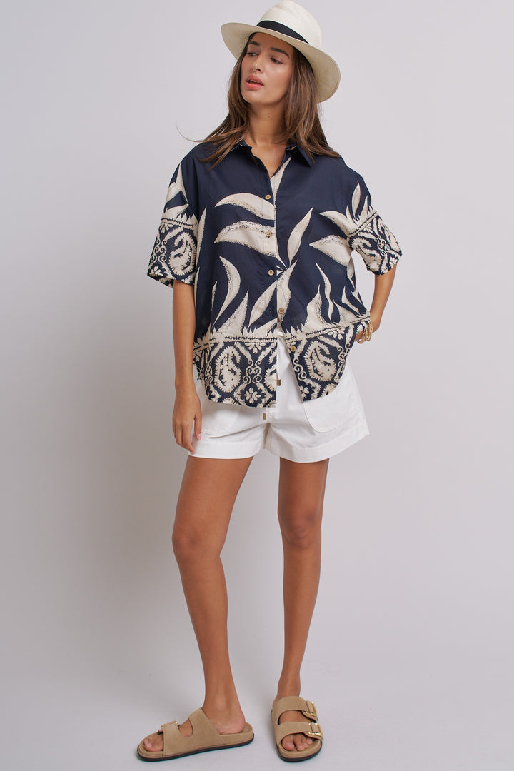 Aloha Island Breeze Button-Down Shirt in Navy - Women's Wholesale Tops | Trend Notes