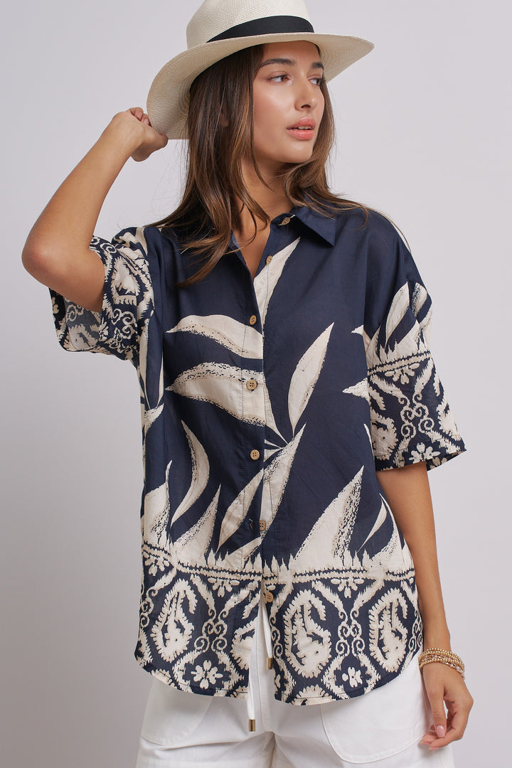 Aloha Island Breeze Button-Down Shirt in Navy - Women's Wholesale Tops | Trend Notes