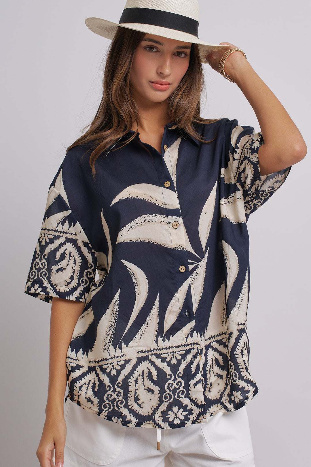 Aloha Island Breeze Button-Down Shirt in Navy - Women's Wholesale Tops | Trend Notes