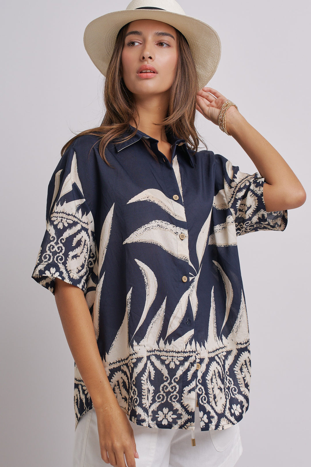 Aloha Island Breeze Button-Down Shirt in Navy - Women's Wholesale Tops | Trend Notes