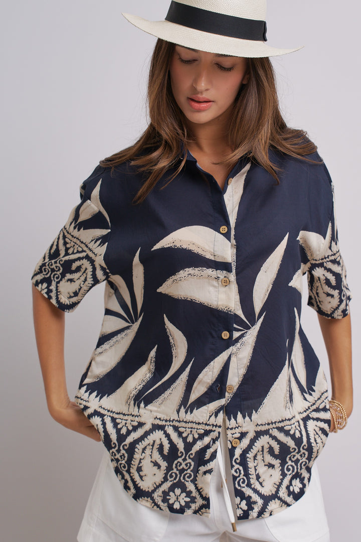 Aloha Island Breeze Button-Down Shirt in Navy - Women's Wholesale Tops | Trend Notes