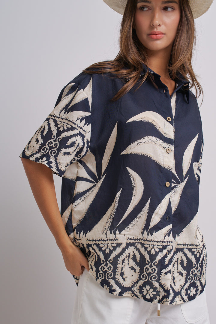Aloha Island Breeze Button-Down Shirt in Navy - Women's Wholesale Tops | Trend Notes
