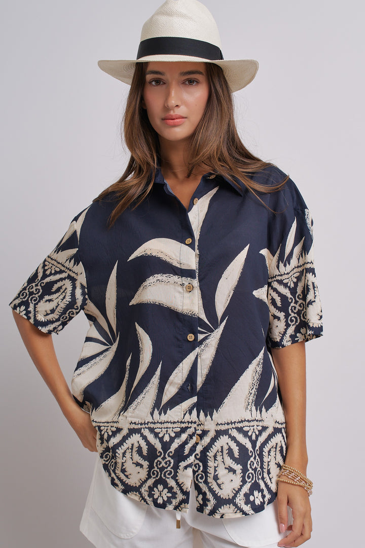 Aloha Island Breeze Button-Down Shirt in Navy - Women's Wholesale Tops | Trend Notes