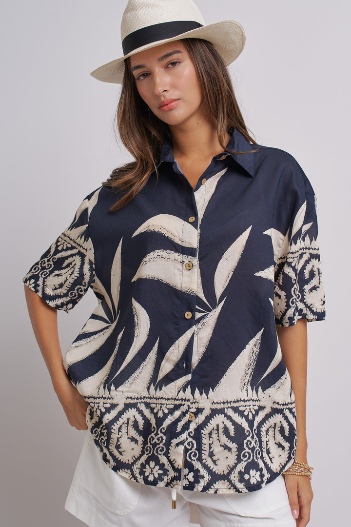 Aloha Island Breeze Button-Down Shirt in Navy - Women's Wholesale Tops | Trend Notes