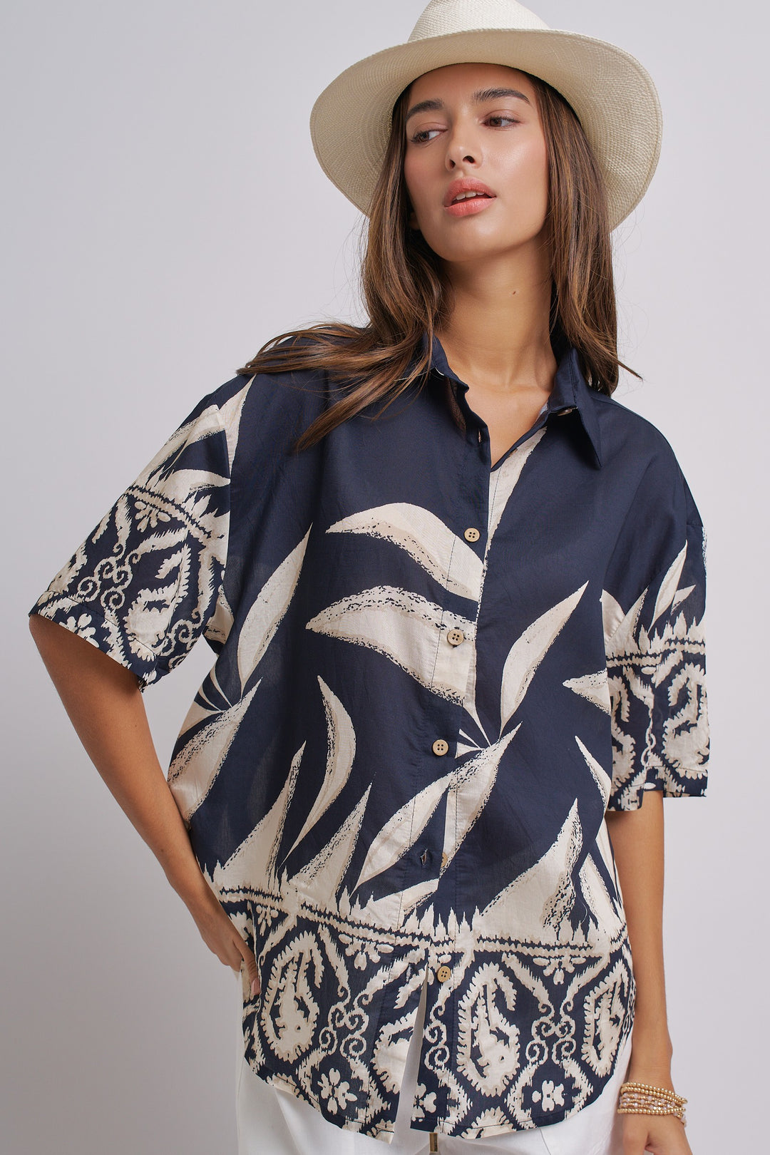 Aloha Island Breeze Button-Down Shirt in Navy - Women's Wholesale Tops | Trend Notes