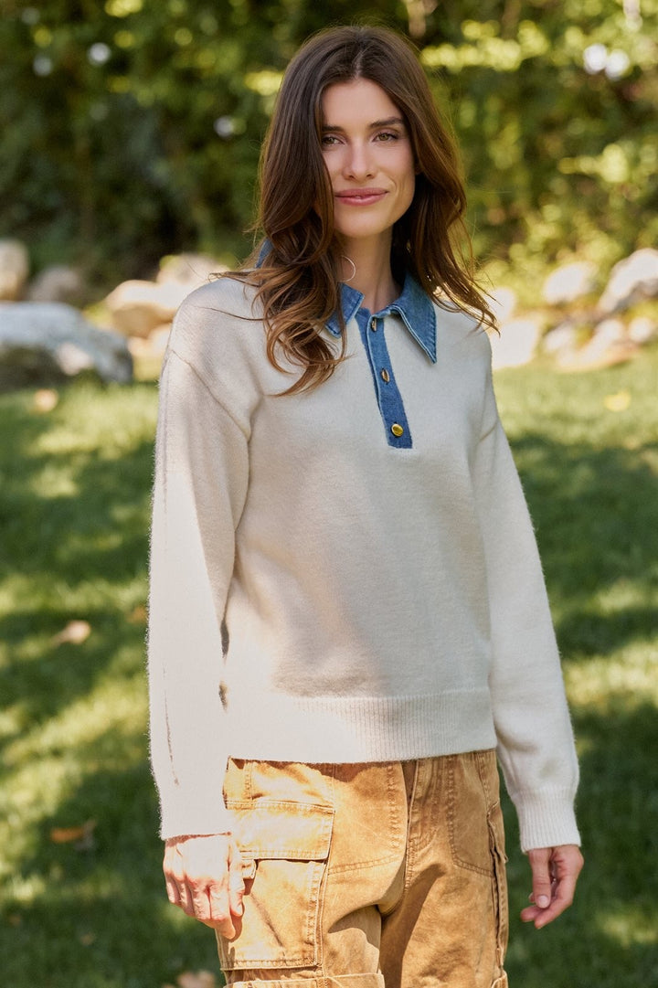 Denim Collar Polo Sweater With Gold Buttons in Grey - Women's Wholesale Sweaters | Trend Notes