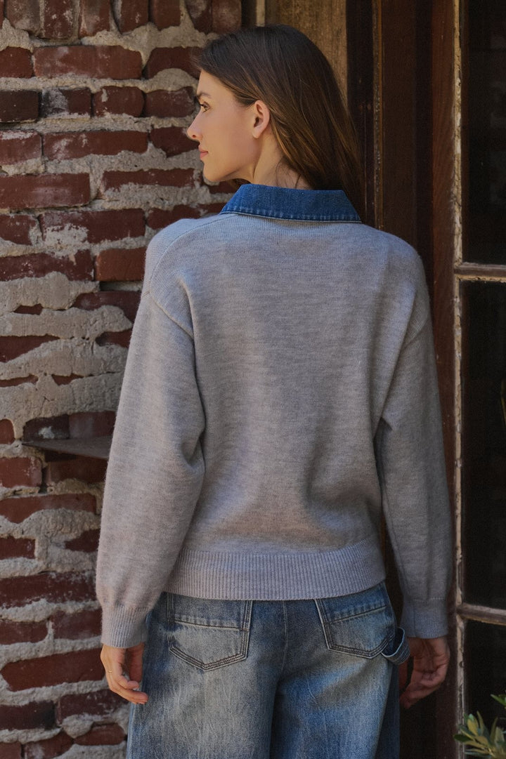 Denim Collar Polo Sweater With Gold Buttons in Grey - Women's Wholesale Sweaters | Trend Notes