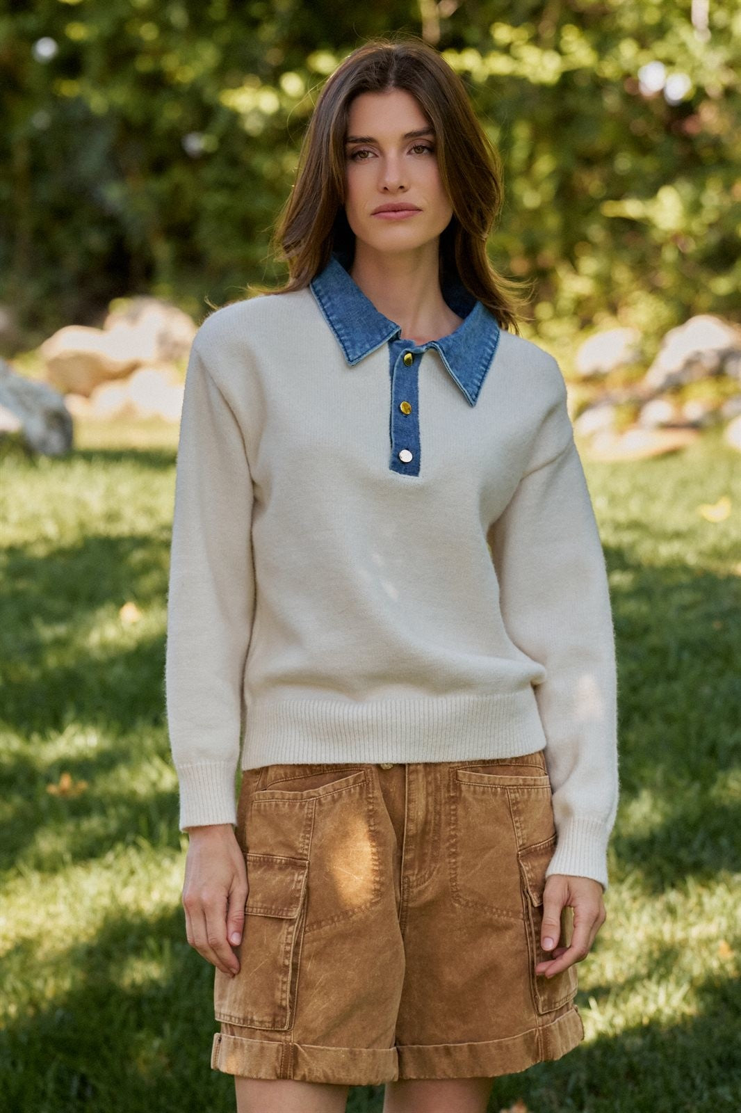 Denim Collar Polo Sweater With Gold Buttons in Ivory - Women's Wholesale Sweaters | Trend Notes
