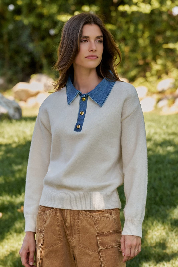 Denim Collar Polo Sweater With Gold Buttons in Ivory - Women's Wholesale Sweaters | Trend Notes