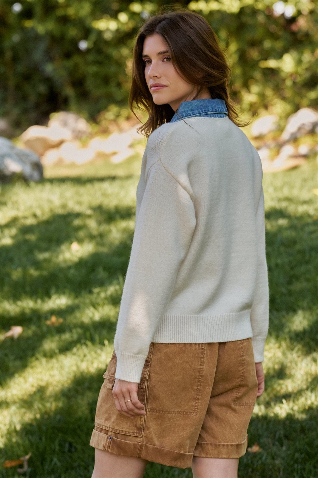 Denim Collar Polo Sweater With Gold Buttons in Ivory - Women's Wholesale Sweaters | Trend Notes