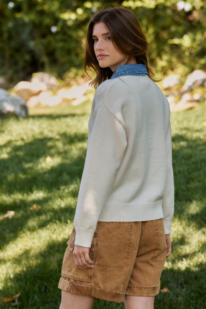Denim Collar Polo Sweater With Gold Buttons in Ivory - Women's Wholesale Sweaters | Trend Notes
