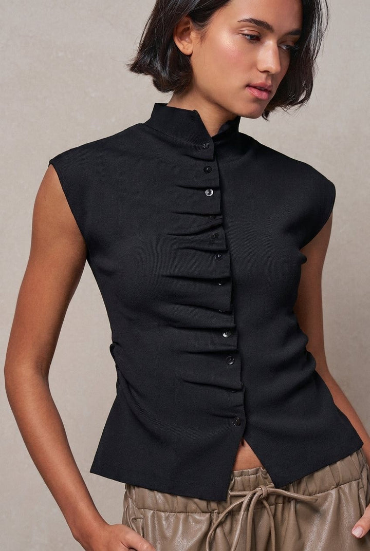 Mock Neck Ruched Button Front Knit Top in Black - Women's Wholesale Sweaters | Trend Notes