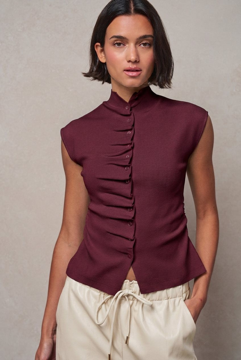 Mock Neck Ruched Button Front Knit Top in Burgundy - Women's Wholesale Sweaters | Trend Notes