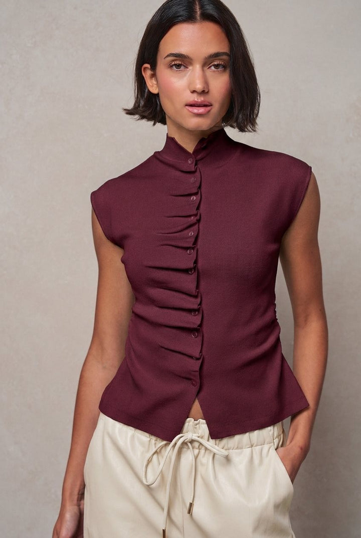 Mock Neck Ruched Button Front Knit Top in Burgundy - Women's Wholesale Sweaters | Trend Notes