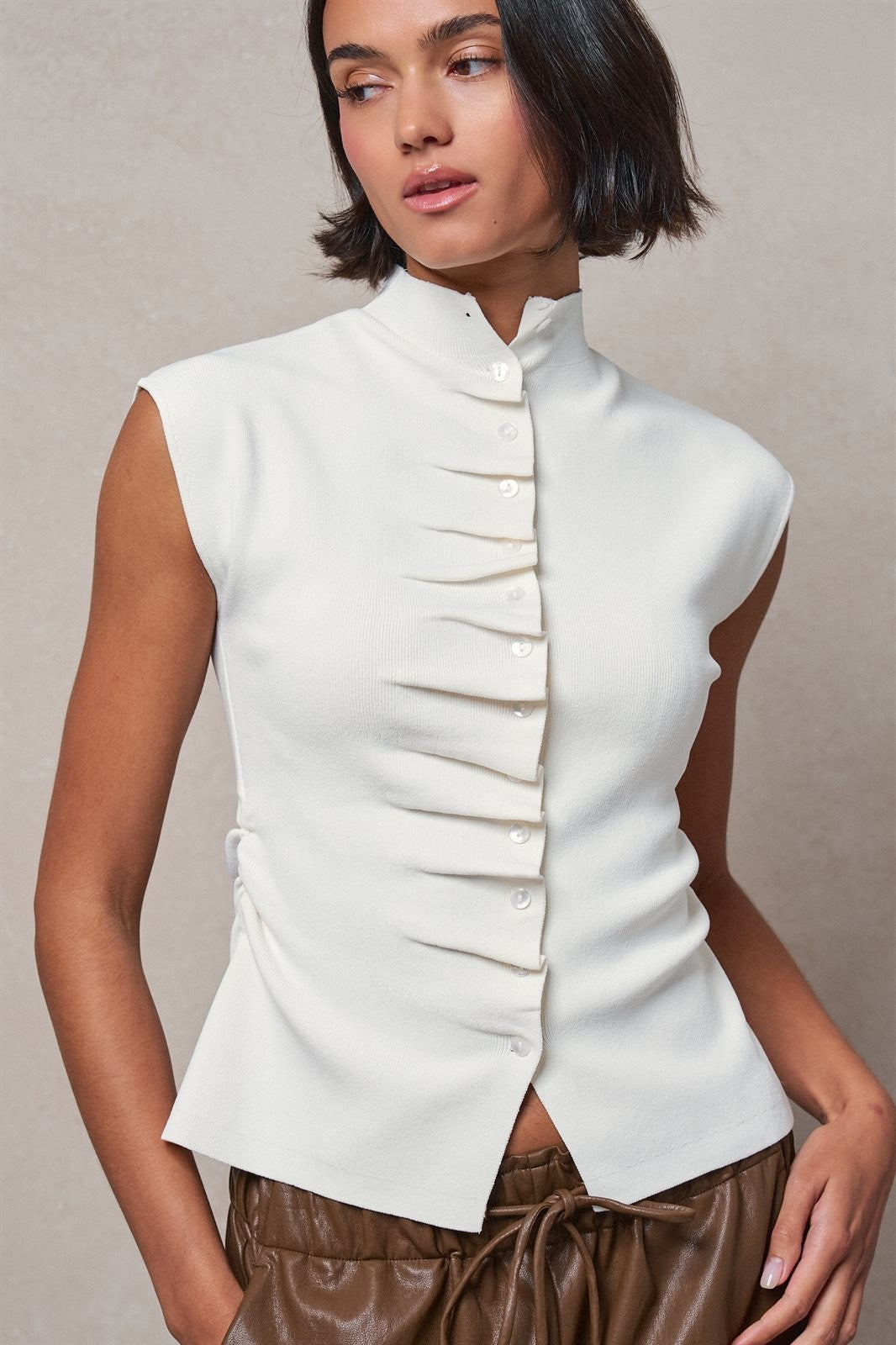Mock Neck Ruched Button Front Knit Top in Ivory - Women's Wholesale Sweaters | Trend Notes