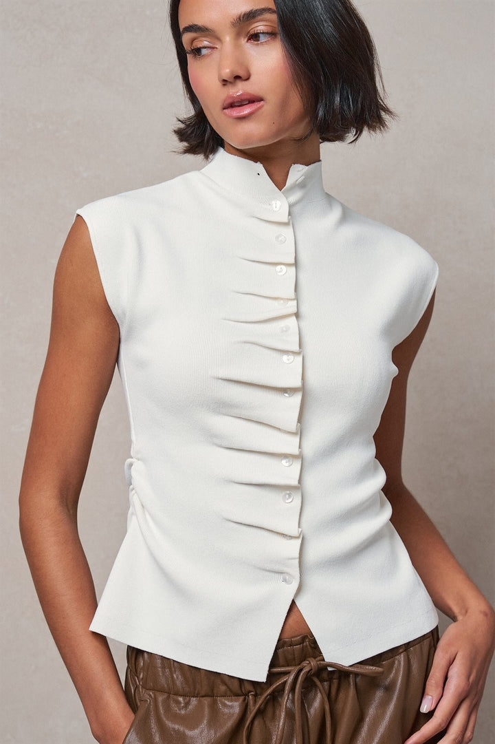Mock Neck Ruched Button Front Knit Top in Ivory - Women's Wholesale Sweaters | Trend Notes