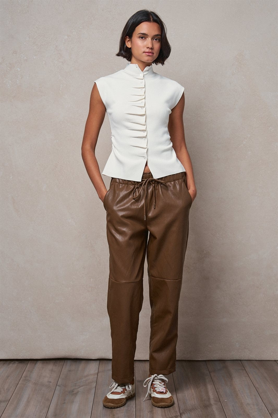 Mock Neck Ruched Button Front Knit Top in Ivory - Women's Wholesale Sweaters | Trend Notes