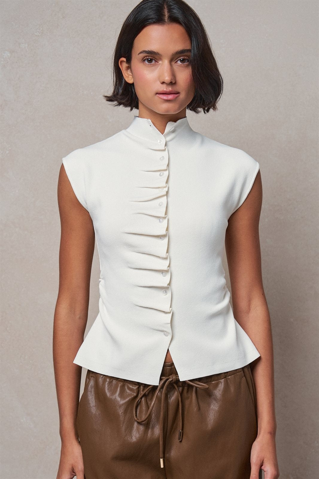Mock Neck Ruched Button Front Knit Top in Ivory - Women's Wholesale Sweaters | Trend Notes