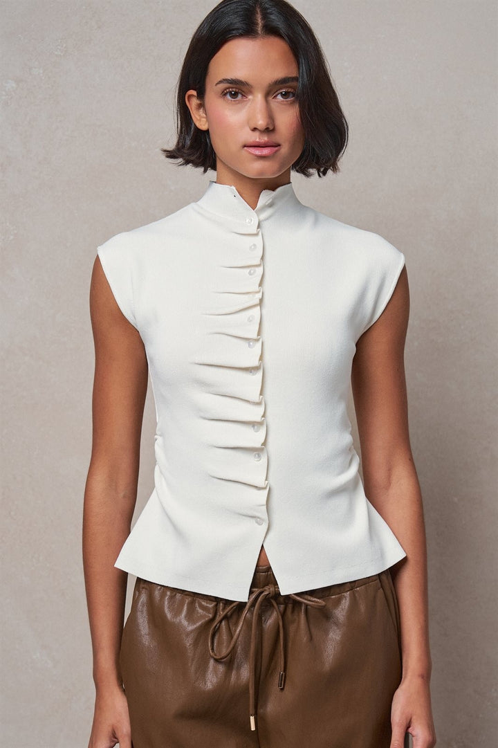 Mock Neck Ruched Button Front Knit Top in Ivory - Women's Wholesale Sweaters | Trend Notes