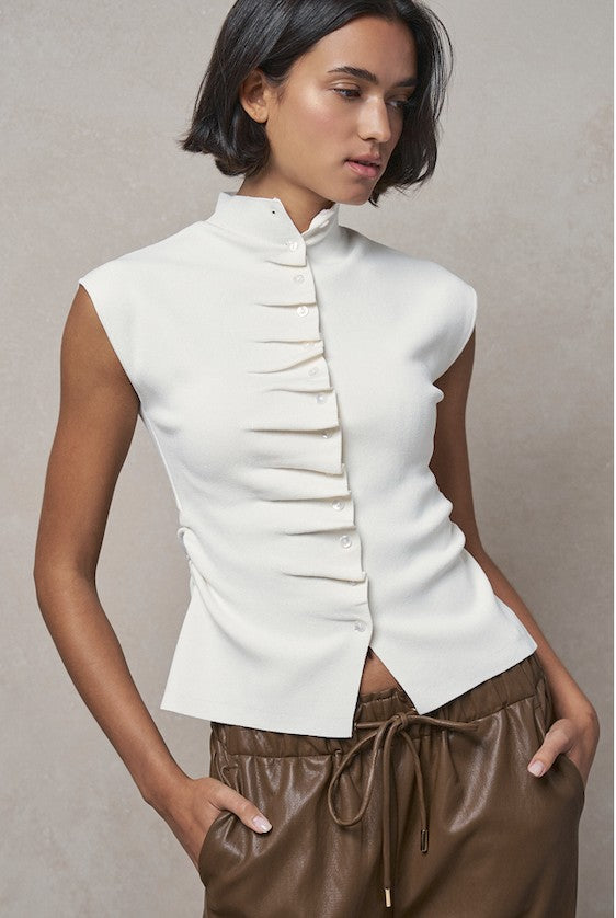 Mock Neck Ruched Button Front Knit Top in Ivory - Women's Wholesale Sweaters | Trend Notes