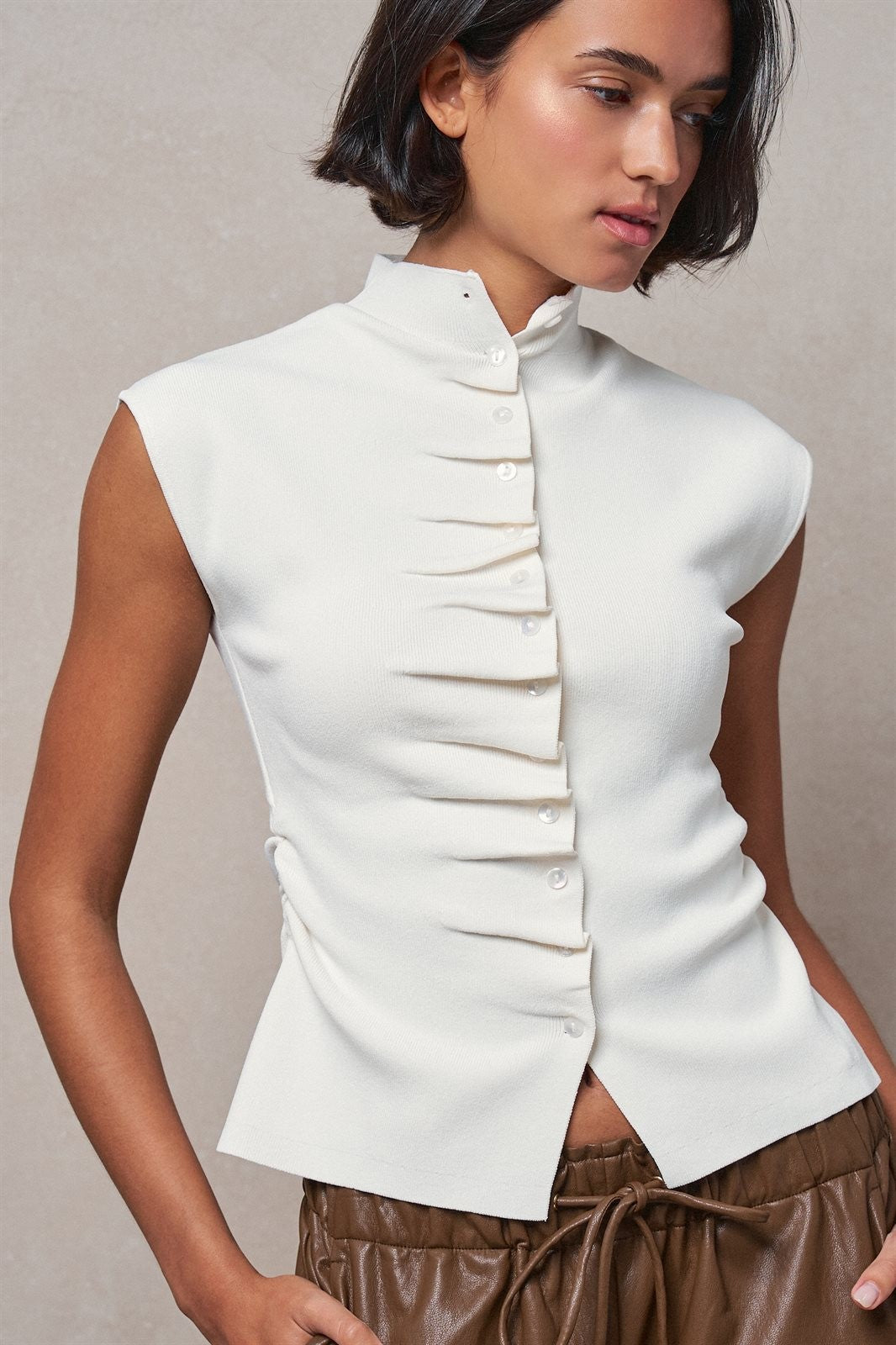 Mock Neck Ruched Button Front Knit Top in Ivory - Women's Wholesale Sweaters | Trend Notes