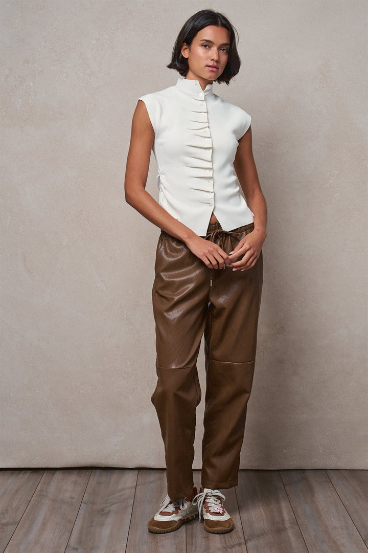 Mock Neck Ruched Button Front Knit Top in Ivory - Women's Wholesale Sweaters | Trend Notes