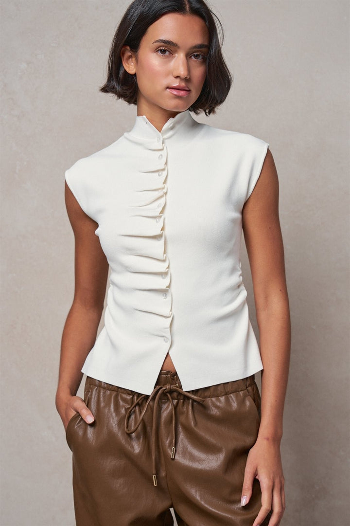 Mock Neck Ruched Button Front Knit Top in Ivory - Women's Wholesale Sweaters | Trend Notes