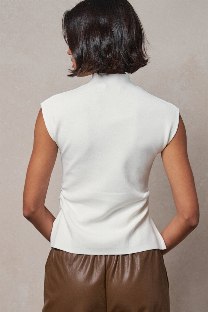Mock Neck Ruched Button Front Knit Top in Ivory - Women's Wholesale Sweaters | Trend Notes