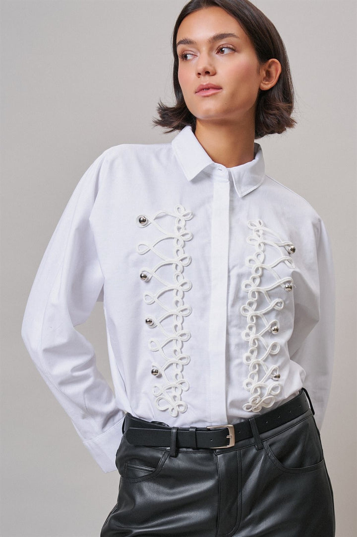 White Braided Cord Embellished Button Blouse in White - Women's Wholesale Shirts & Blouses | Trend Notes