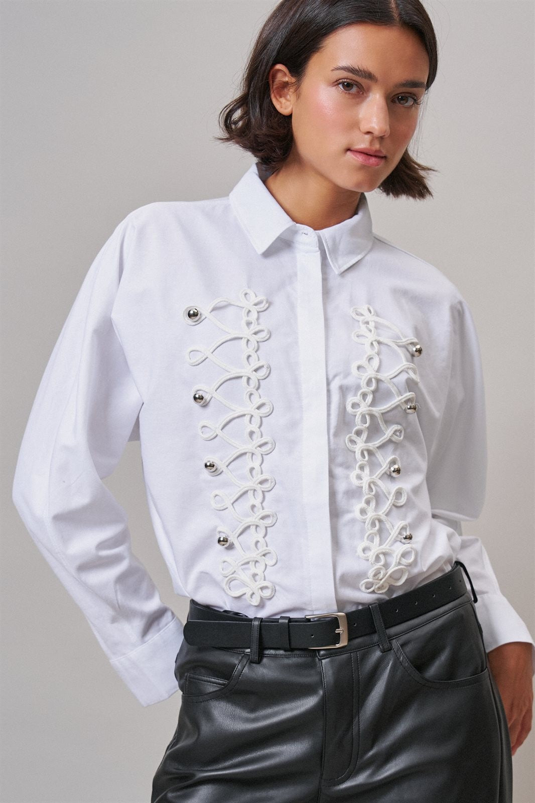 White Braided Cord Embellished Button Blouse in White - Women's Wholesale Shirts & Blouses | Trend Notes