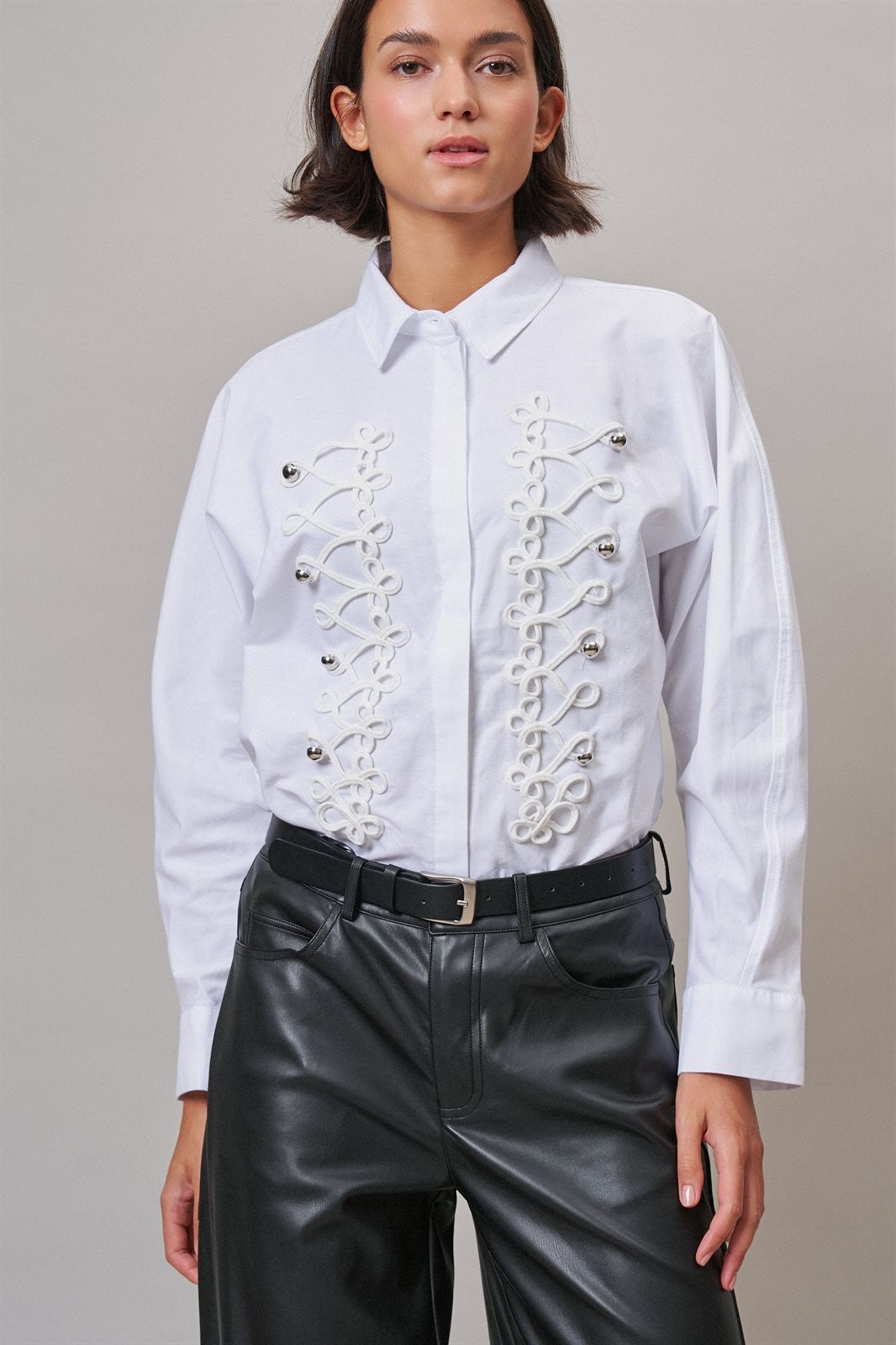 White Braided Cord Embellished Button Blouse in White - Women's Wholesale Shirts & Blouses | Trend Notes