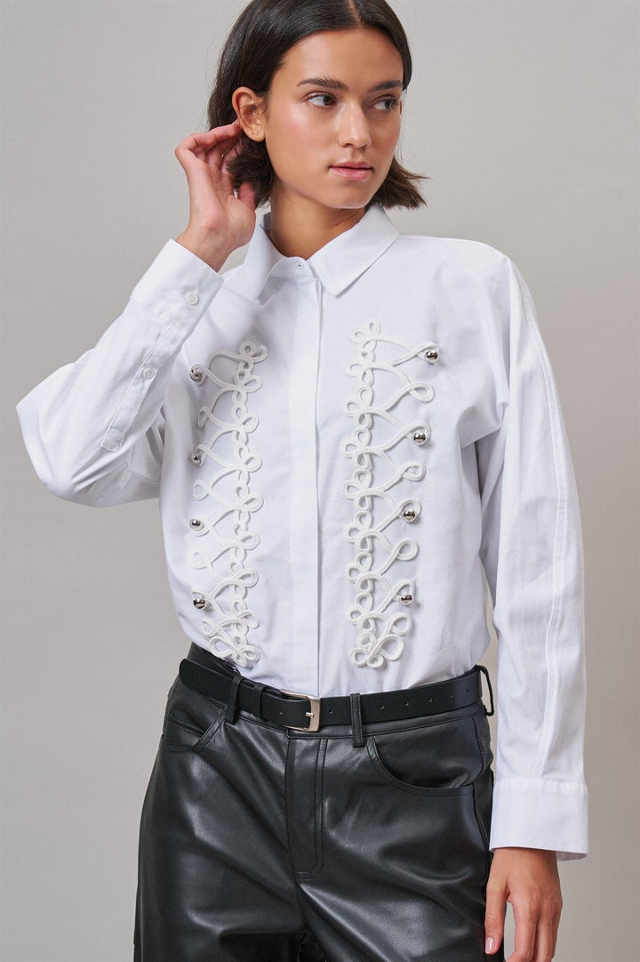 White Braided Cord Embellished Button Blouse in White - Women's Wholesale Shirts & Blouses | Trend Notes