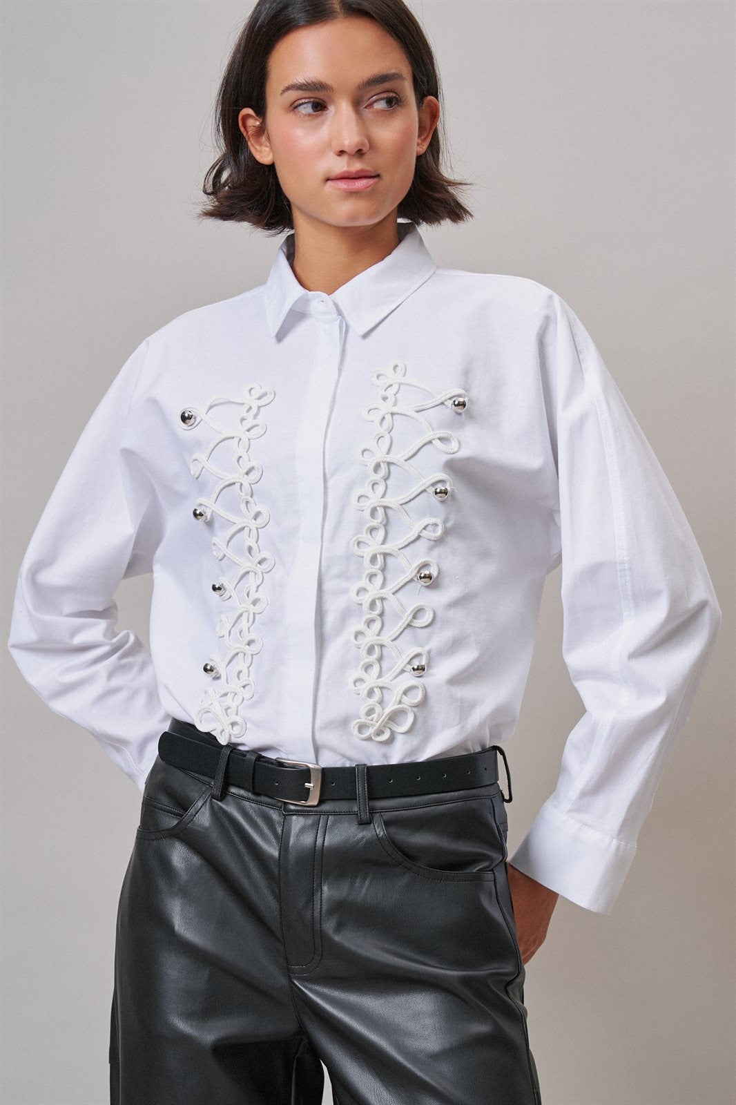 White Braided Cord Embellished Button Blouse in White - Women's Wholesale Shirts & Blouses | Trend Notes