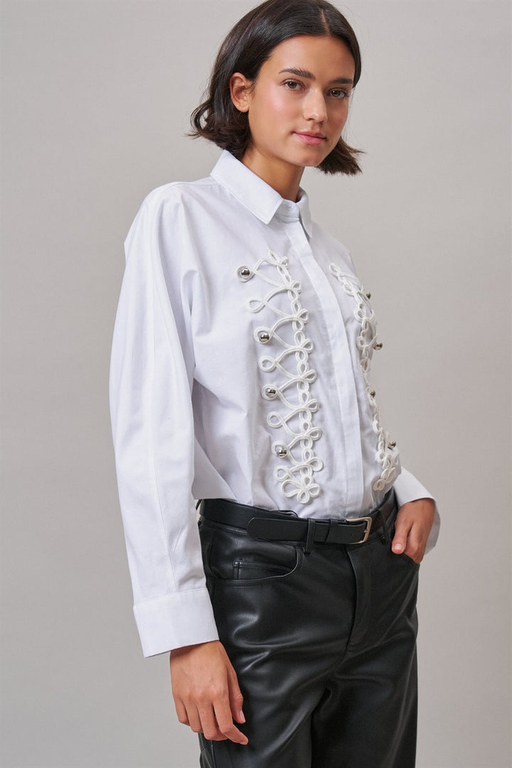 White Braided Cord Embellished Button Blouse in White - Women's Wholesale Shirts & Blouses | Trend Notes