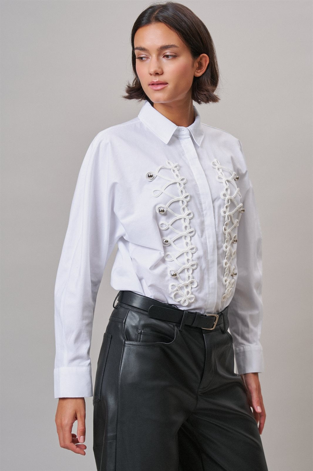 White Braided Cord Embellished Button Blouse in White - Women's Wholesale Shirts & Blouses | Trend Notes